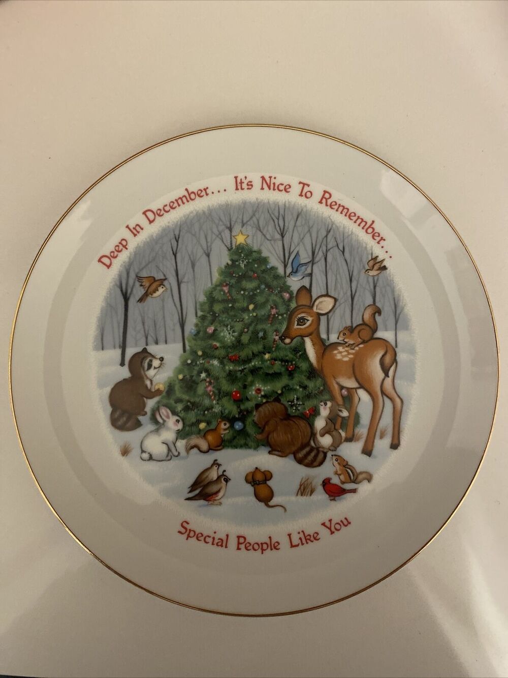 Russ Berrie Decorative Porcelain Holiday Plate Reindeer Tree With Original Box